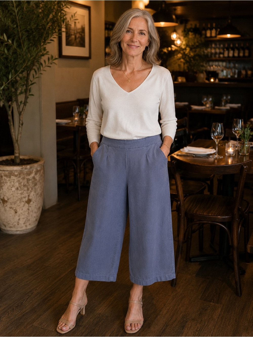 Sigrid Olsen Linen Wide-Leg Cropped Pants in Dusty Blue.